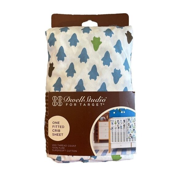 Dwell Studio Fitted Crib Sheet Target Rockets Space Blue Brown Green Nwt - Picture 1 of 7